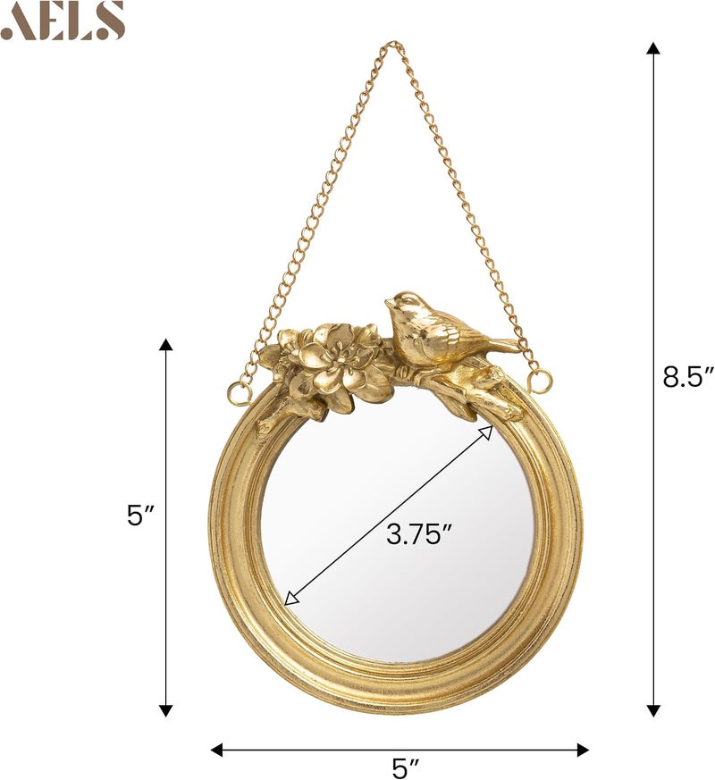 AELS ديكور حائط مرآة الذهبية الصغيرة، مرآة مستديرة مقاس 5 بوصة بإطار عتيق معلق مع تفاصيل منحوتة للزهور والطيور، ديكور منزلي عتيق مع مرآة مثبتة على الحائط - Image 4