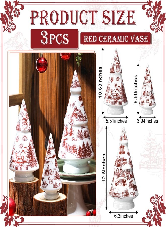 Soaoo 3 Pcs French Country Style Christmas Tree Ceramic Figurine Red and White Xmas Tree Decor Chinoiserie Porcelain Mini Chic Ceramic for Village (Red Christmas Style, 8.7, 10.6, 12.6 Inch) - Image 2