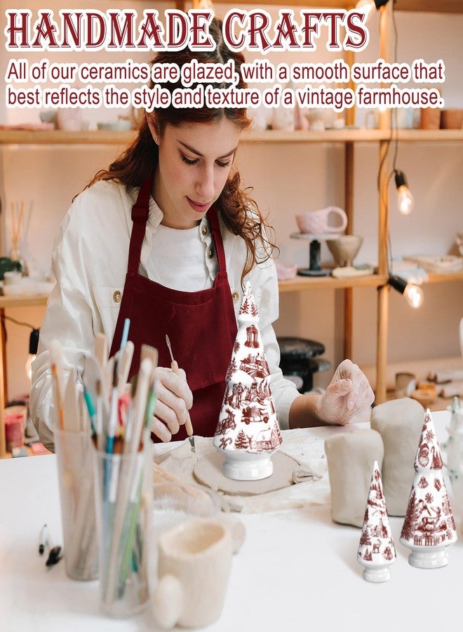 Soaoo 3 Pcs French Country Style Christmas Tree Ceramic Figurine Red and White Xmas Tree Decor Chinoiserie Porcelain Mini Chic Ceramic for Village (Red Christmas Style, 8.7, 10.6, 12.6 Inch) - Image 5