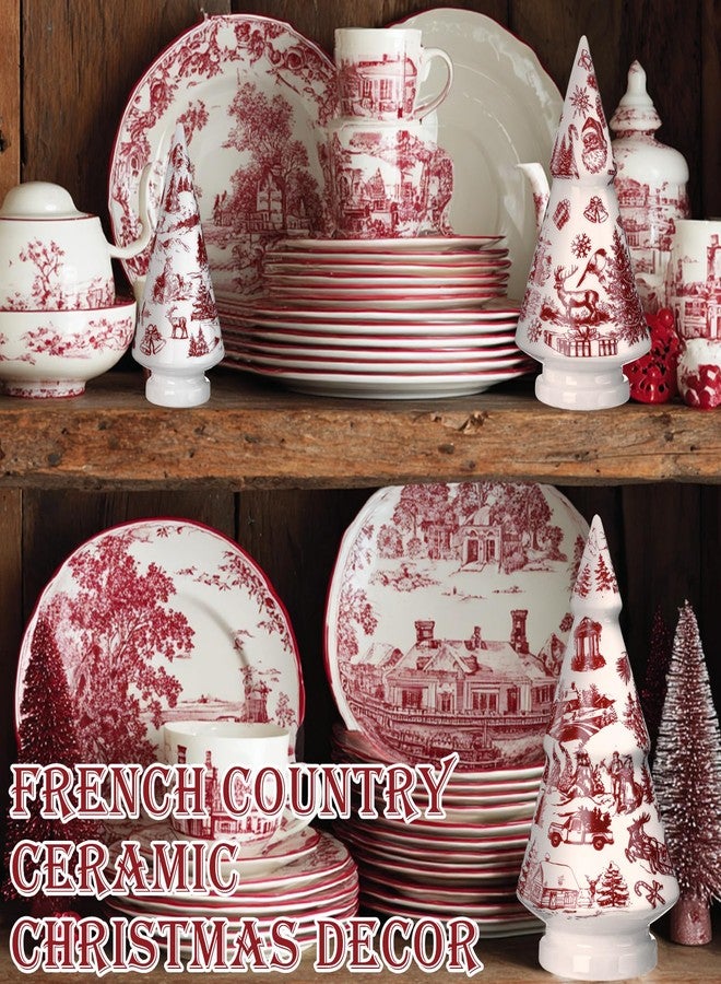 Soaoo 3 Pcs French Country Style Christmas Tree Ceramic Figurine Red and White Xmas Tree Decor Chinoiserie Porcelain Mini Chic Ceramic for Village (Red Christmas Style, 8.7, 10.6, 12.6 Inch) - Image 3