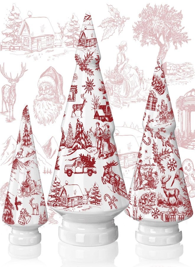 Soaoo 3 Pcs French Country Style Christmas Tree Ceramic Figurine Red and White Xmas Tree Decor Chinoiserie Porcelain Mini Chic Ceramic for Village (Red Christmas Style, 8.7, 10.6, 12.6 Inch) - Image 1