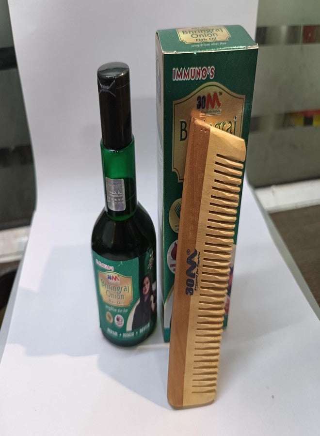 30MN Immuno’s Bhringraj Onion Hair Oil with Wooden Comb - 100ml | Ayurvedic Hair Growth & Scalp Care Combo - Strengthens Roots, Reduces Hair Fall, Shiny, Thick Hair, Controls Dandruff, 100% Natural for Women [COMBO PACK] - Image 4