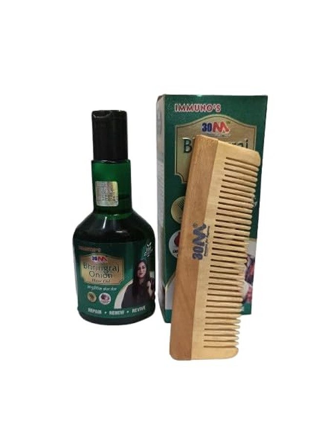 30MN Immuno’s Bhringraj Onion Hair Oil with Wooden Comb - 100ml | Ayurvedic Hair Growth & Scalp Care Combo - Strengthens Roots, Reduces Hair Fall, Shiny, Thick Hair, Controls Dandruff, 100% Natural for Women [COMBO PACK] - Image 1