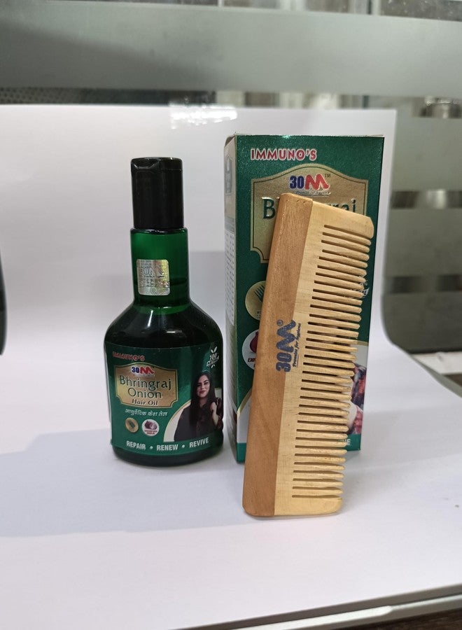 30MN Immuno’s Bhringraj Onion Hair Oil with Wooden Comb - 100ml | Ayurvedic Hair Growth & Scalp Care Combo - Strengthens Roots, Reduces Hair Fall, Shiny, Thick Hair, Controls Dandruff, 100% Natural for Women [COMBO PACK] - Image 3