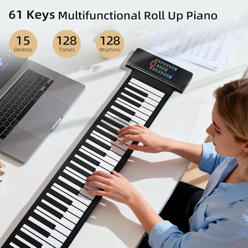 POGOLAB 61 Keys Roll Up Keyboard Piano, Portable Electric Foldable Piano with LED Display, Rechargeable & USB-MIDI Output, Built-in 15 Demos, 128 Tons, 128 Rhythms, Music Gift for Beginners - Image 3