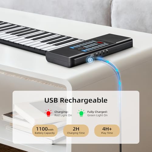 POGOLAB 61 Keys Roll Up Keyboard Piano, Portable Electric Foldable Piano with LED Display, Rechargeable & USB-MIDI Output, Built-in 15 Demos, 128 Tons, 128 Rhythms, Music Gift for Beginners - Image 5
