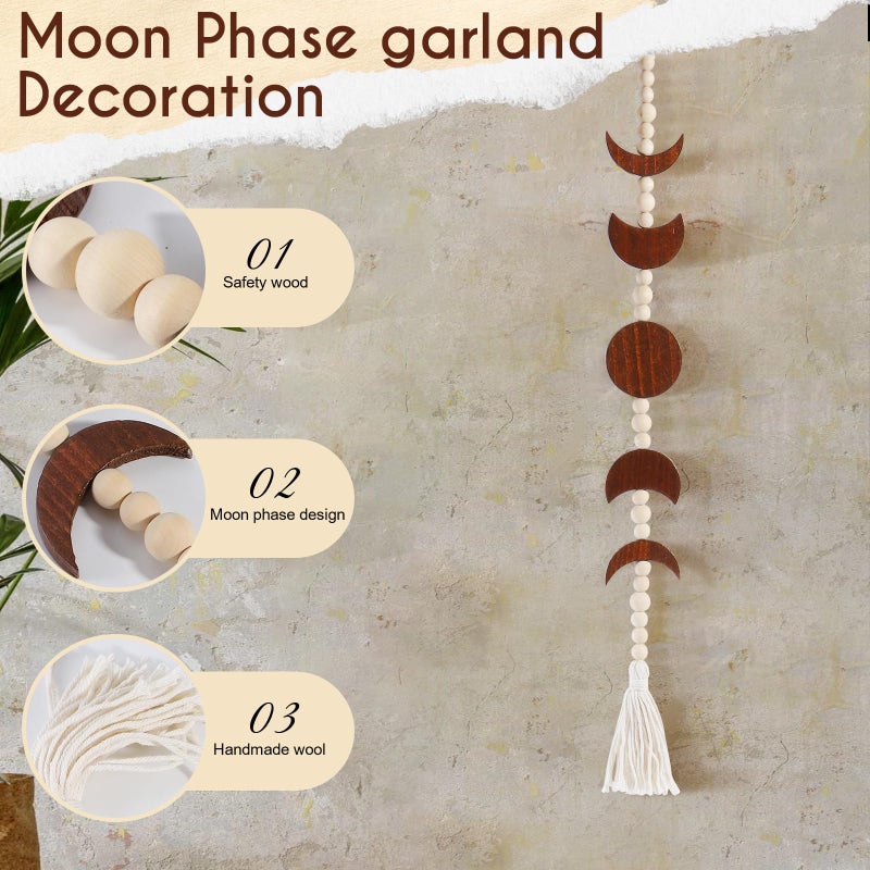 Ausicfen Moon Phase جدار معلق من الخشب مطرز بمراحل شرابة من القمر بوهو ديكور المنزل لغرفة المعيشة وغرفة النوم والمكتب (بني) - Image 2