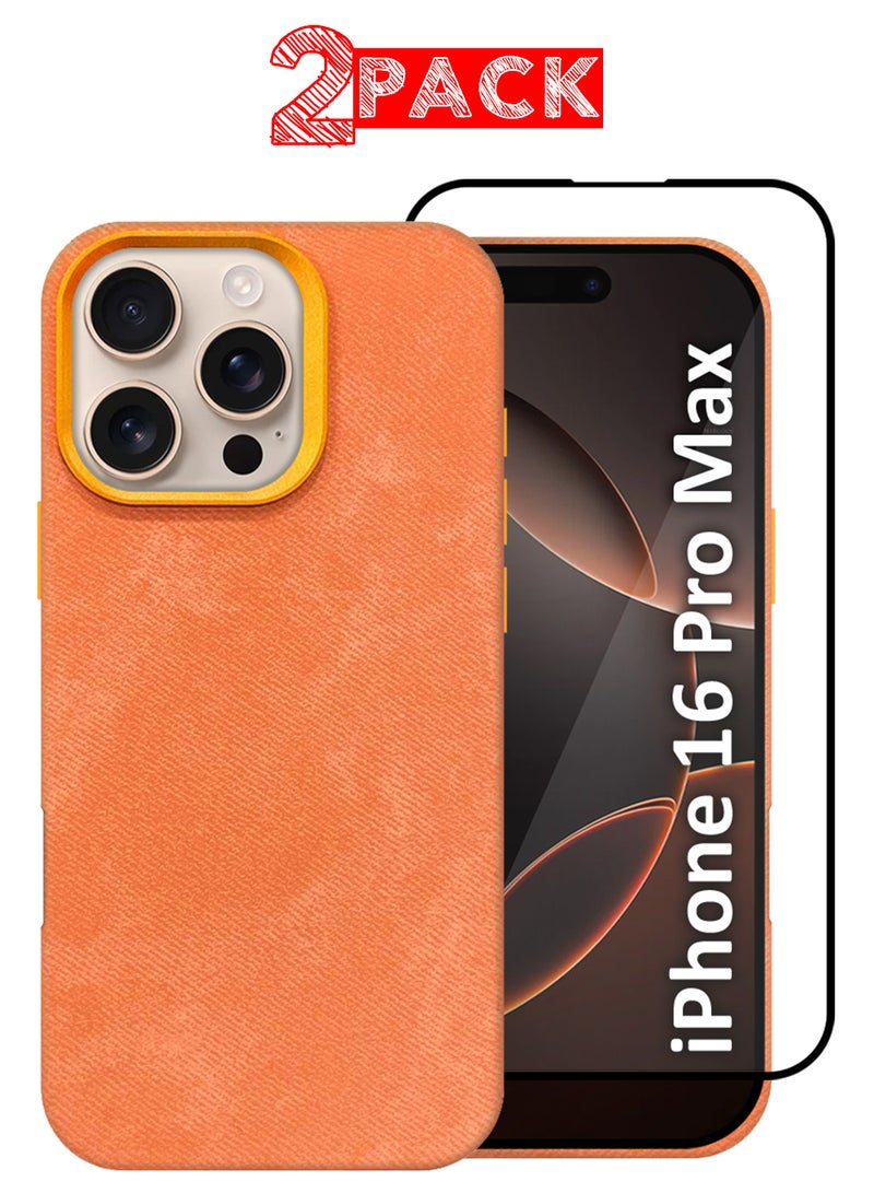 CATANES 2Packs iPhone 16 Pro Max Alcantara Case Cover Premium Quality Luxurious Soft Touch Protection with Metal Camera Frame with a 3D Screen Protector - Orange  - Image 1