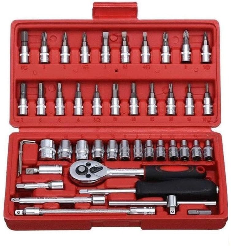 ABIEL 46 in 1 Pcs Tool Kit, Screwdriver & Socket Set | Manual Hand Wrench Box | Multi Purpose Combination Case & Precision Socket Set | Essential Hardware & Mechanic Tool for all Bike & Car (Red) - Image 1