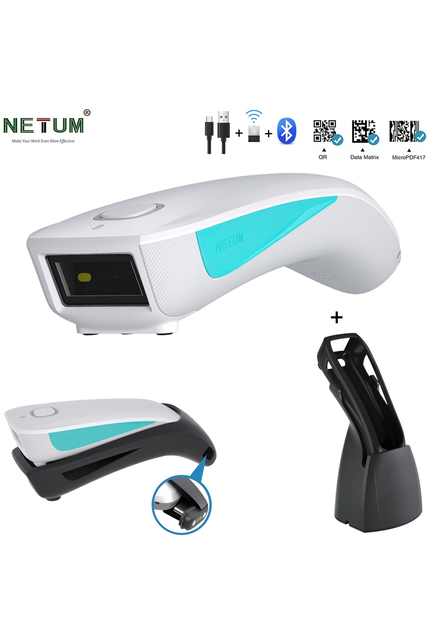 1D 2D QR Code Scanner with Charging Dock, Mini Barcode Scanner Bluetooth Compatible, Small Portable USB Bar Code Scanner for Inventory, 2.4G Cordless Image Reader for Tablet iPhone Android iOS PC POS