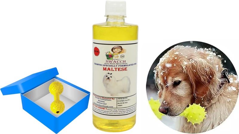 swacch Maltese Dog Shampoo + Dumbbell Toy I Durable Rubber Dog Toy for Chewing I Playing,Teeth Cleaning & Training Toy I Combo Pack I 500ml Lemon - Image 1