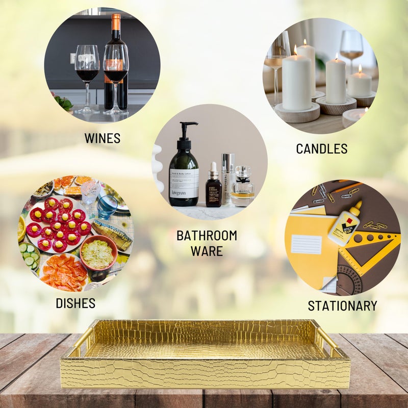 ATZYmolin 17" x 12" Wood Serving Tray with Gold Polished Metal Handles, Home Decorative Wooden Rectangle Ottoman Leather Decor Platter Bathroom Vanity Tray for All Occasions Alligator Gold - Image 5