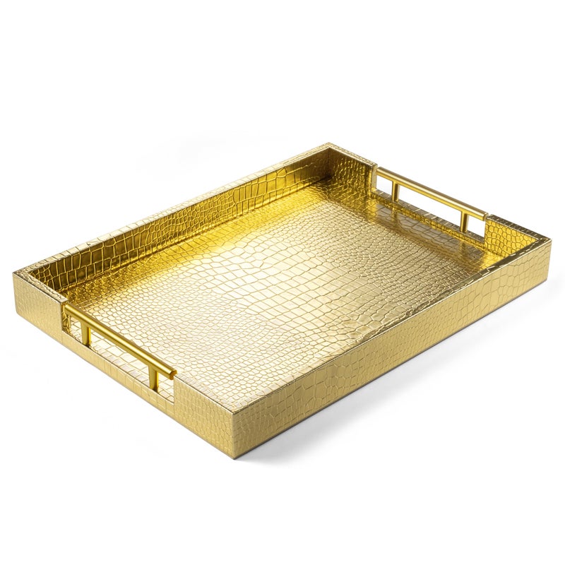 ATZYmolin 17" x 12" Wood Serving Tray with Gold Polished Metal Handles, Home Decorative Wooden Rectangle Ottoman Leather Decor Platter Bathroom Vanity Tray for All Occasions Alligator Gold - Image 1