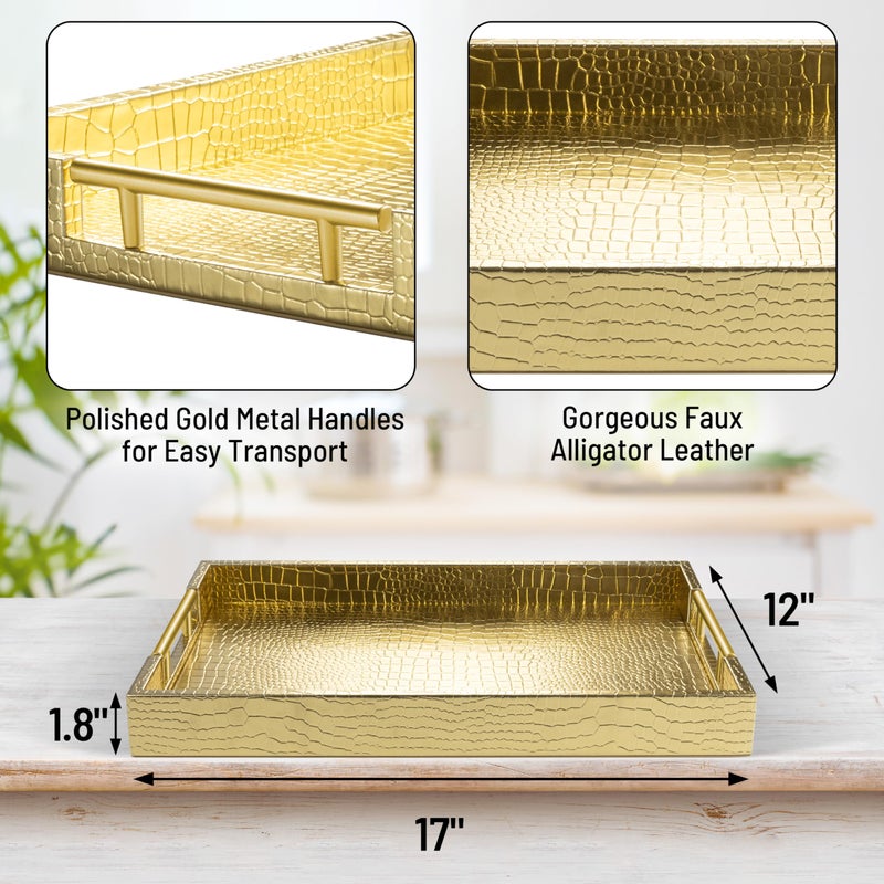 ATZYmolin 17" x 12" Wood Serving Tray with Gold Polished Metal Handles, Home Decorative Wooden Rectangle Ottoman Leather Decor Platter Bathroom Vanity Tray for All Occasions Alligator Gold - Image 2