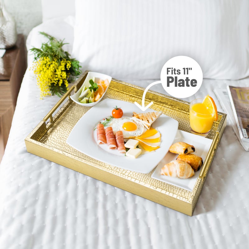 ATZYmolin 17" x 12" Wood Serving Tray with Gold Polished Metal Handles, Home Decorative Wooden Rectangle Ottoman Leather Decor Platter Bathroom Vanity Tray for All Occasions Alligator Gold - Image 4