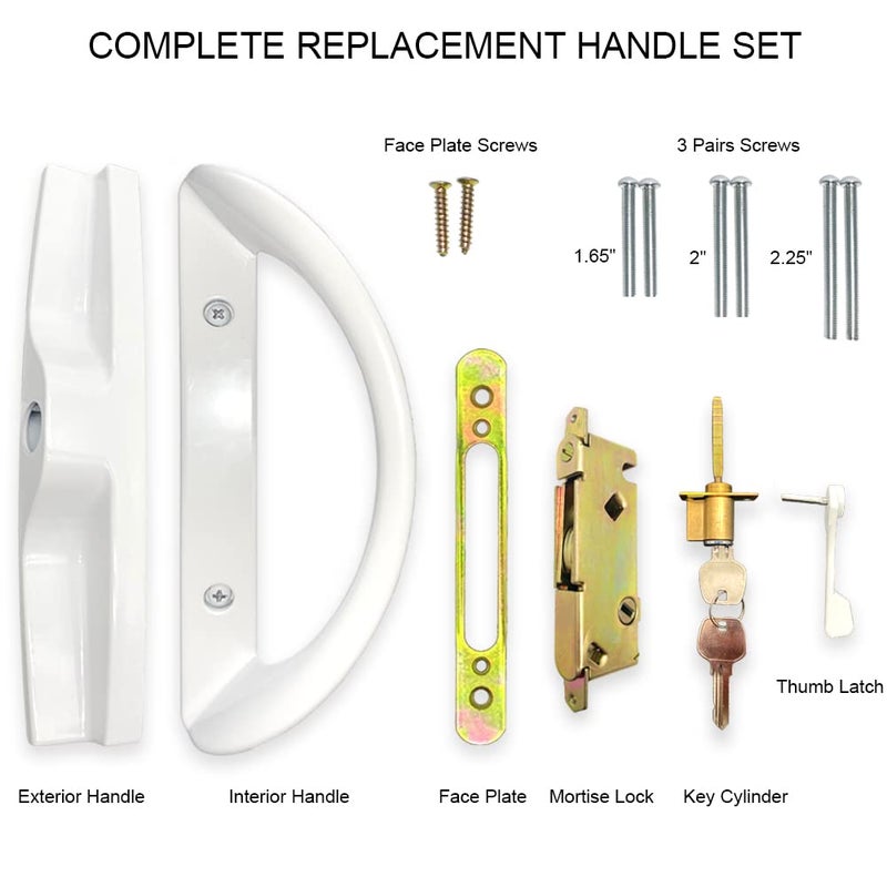 ALLYWASAI Patio Sliding Door Handle Set with Mortise Lock, Key Cylinder and Face Plate, Full Replacement Handle Lock Set Fits Door Thickness from 1-1/2" to 1-3/4", 3-15/16" Screw Hole Spacing, White - Image 2