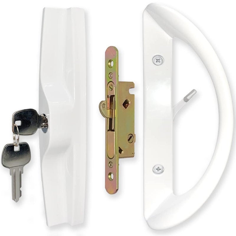ALLYWASAI Patio Sliding Door Handle Set with Mortise Lock, Key Cylinder and Face Plate, Full Replacement Handle Lock Set Fits Door Thickness from 1-1/2" to 1-3/4", 3-15/16" Screw Hole Spacing, White - Image 1