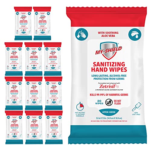 My-Shield Sanitizing Hand Wipes - Travel Pack - 20 Count (12-pack) Alcohol-Free, Long-lasting Protection. Kills 99.9% of Germs. Moisturizes With Aloe Vera. Formulated with Zetrisil. - Image 1