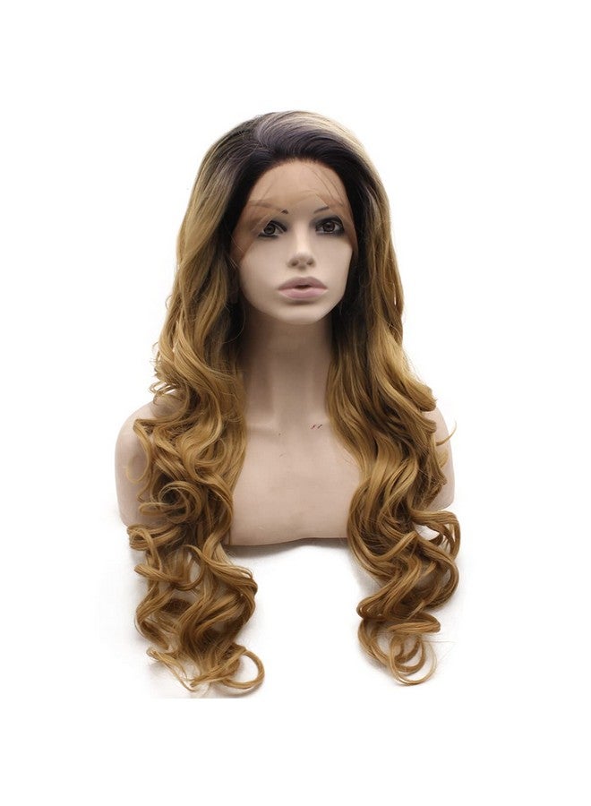 MX angel Mxangel Long Black Roots Blonde Ombre Hand Tied Ombre Synthetic Wig Lace Front Heat Resistant Fiber Hair - Image 3