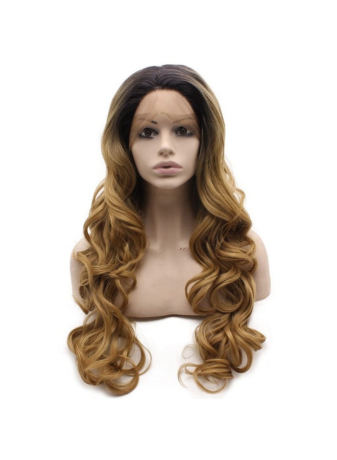 MX angel Mxangel Long Black Roots Blonde Ombre Hand Tied Ombre Synthetic Wig Lace Front Heat Resistant Fiber Hair - Image 1