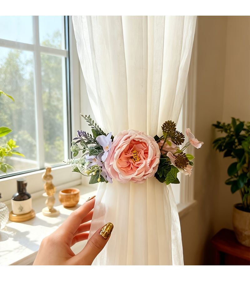 Hand Held Dark Pink Rose Flower Curtain Tiebacks Artificial Peonies Bouquet 2pc - Image 4