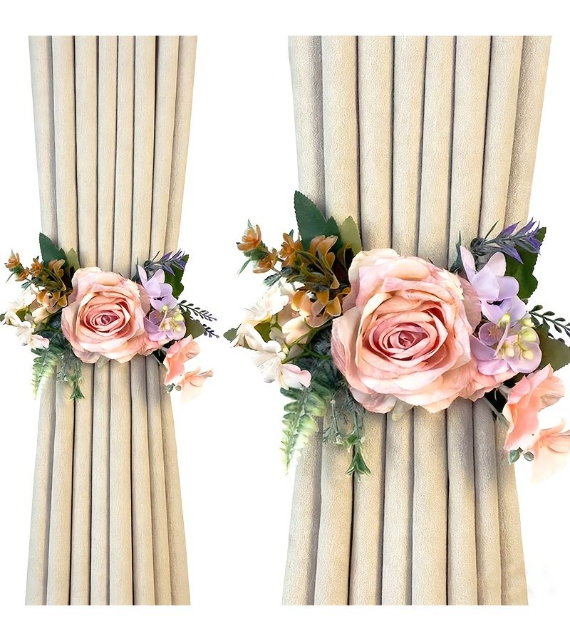 Hand Held Dark Pink Rose Flower Curtain Tiebacks Artificial Peonies Bouquet 2pc - Image 1