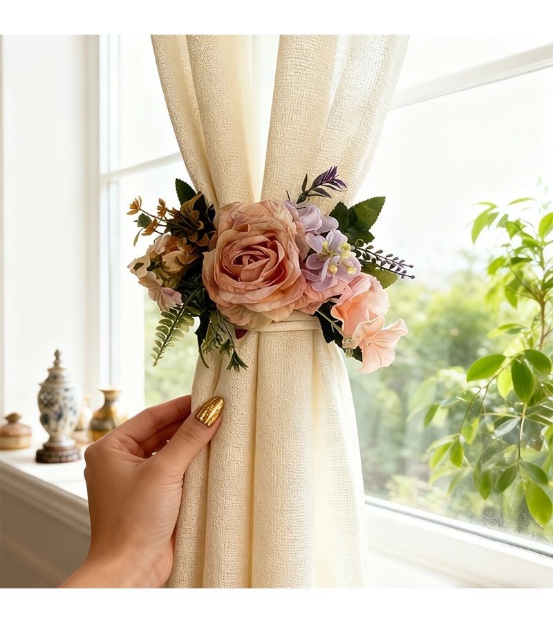 Hand Held Dark Pink Rose Flower Curtain Tiebacks Artificial Peonies Bouquet 2pc - Image 2
