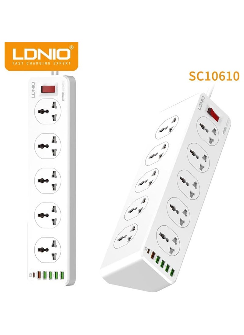 LDNIO - LDNIO SC10610 2500W 10 SOCKETS with 5 USB Ports and 1 TYPE-C PD PORT, DESKTOP EXTENSION HOME CHARGER with 2M EU POWER CORD - Image 1