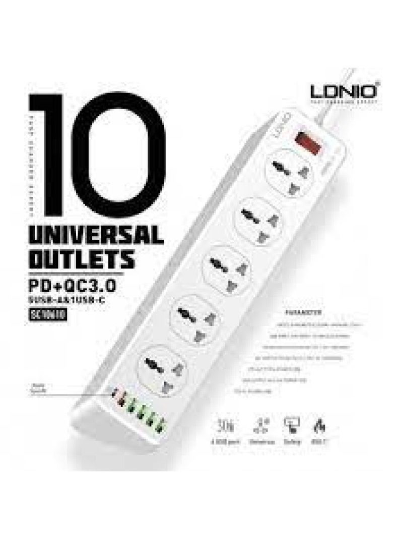 LDNIO - LDNIO SC10610 2500W 10 SOCKETS with 5 USB Ports and 1 TYPE-C PD PORT, DESKTOP EXTENSION HOME CHARGER with 2M EU POWER CORD - Image 1