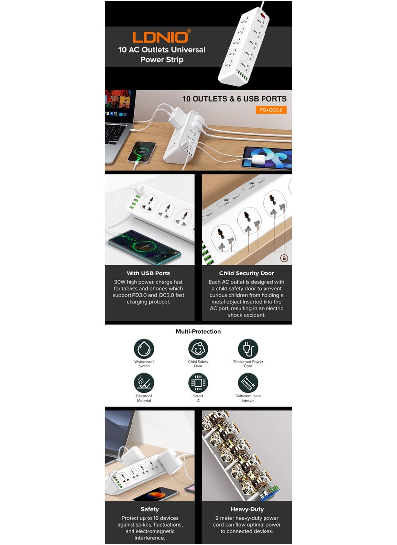 LDNIO - LDNIO SC10610 2500W 10 SOCKETS with 5 USB Ports and 1 TYPE-C PD PORT, DESKTOP EXTENSION HOME CHARGER with 2M EU POWER CORD - Image 1