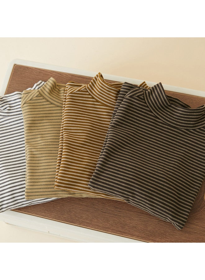 Half-zip Base Layer Shirt, Autumn And Winter Style Children's Two-tone Striped Warm T-shirt, Mid To Large Kids' Brushed Fleece Long Sleeves For Warmth - Image 3