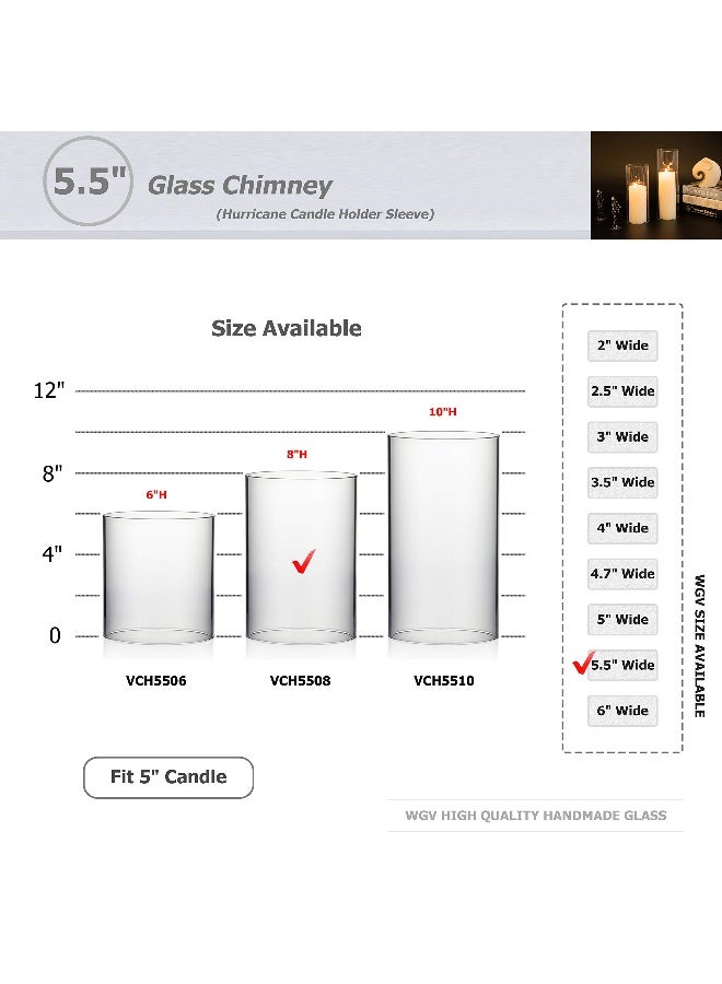 WGVI Hurricane Candle Holder Sleeve, Wide 5.5", Height 8", Clear Glass Cylinder Candleholder, Chimney Tube, Open Ended Candle Shade, 1 Piece - Image 3