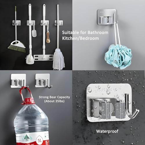 Swaze Adhesive Mop Holder and Broom Holder Wall Mounted Steel | Broom Stick Holder Wall Mounted for Home No Drilling Silver (1 slot - Pk of 2) - Image 2