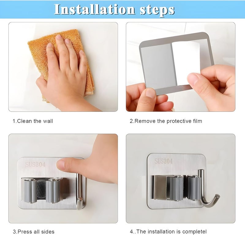Swaze Adhesive Mop Holder and Broom Holder Wall Mounted Steel | Broom Stick Holder Wall Mounted for Home No Drilling Silver (1 slot - Pk of 2) - Image 3