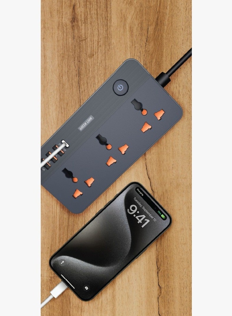 GREEN LION GS-200 Power Socket 2500W / 3 Universal Sockets / PD 20W Charging / Fast Charging / Overload Protection / Flame Retardant - Black - Image 3