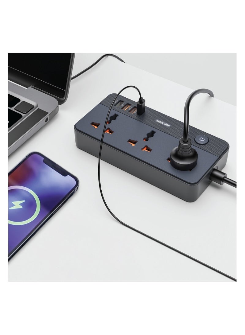 GREEN LION GS-200 Power Socket 2500W / 3 Universal Sockets / PD 20W Charging / Fast Charging / Overload Protection / Flame Retardant - Black - Image 2