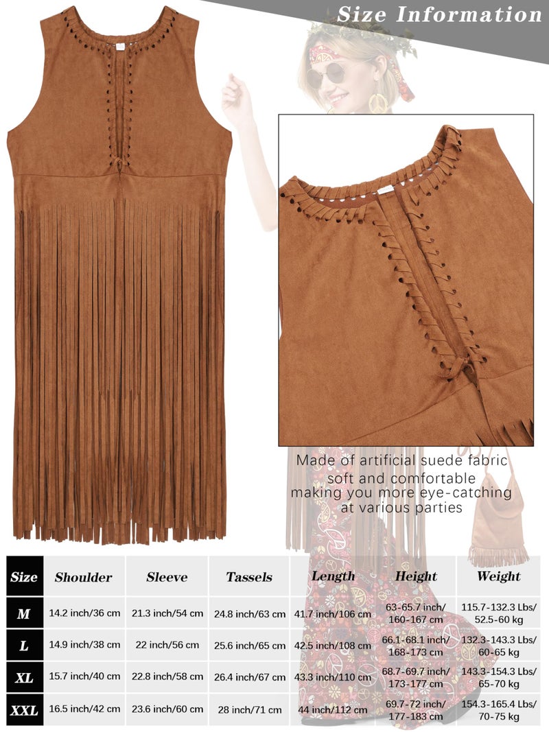 SOMSOC 7 Pieces 70s Women Hippie Costume Set Includes Fringe Vest Bag Pants Headband Peace Sign Necklace Earrings Sunglasses for Halloween (Brown) - Image 2