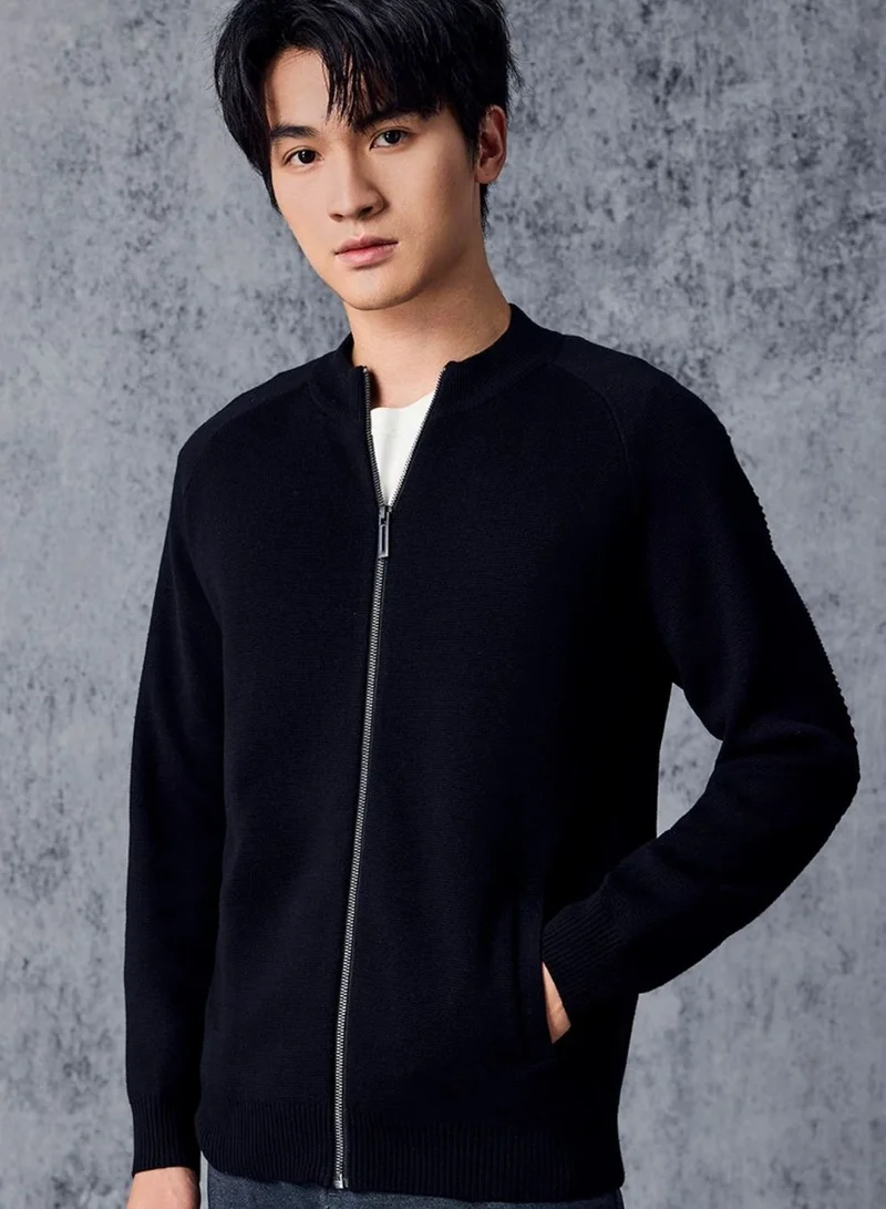 Men's Cotton - Acrylic Texture Stitch Mock Neck Raglan Cardigan