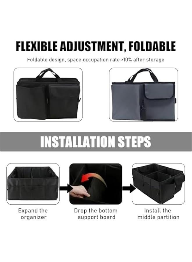 هوكور منظم صندوق السيارة، منظم تخزين تلقائي محمول بسعة كبيرة مع اشرطة مطاطية، منظم صندوق متعدد الاقسام قابل للطي مع 3 اقسام للسيارات وسيارات السيدان وسيارات الدفع الرباعي، اكسسوارات السيارات - Image 4