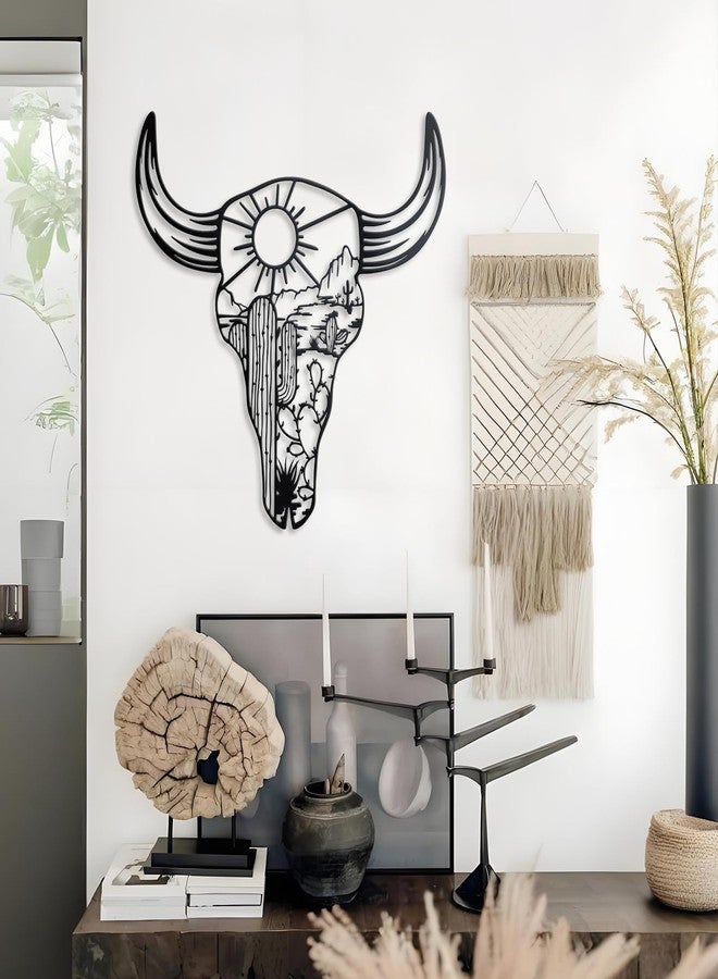 KOYILTD Metal Cow Skull Wall Decor Western Bathroom Decoration Desert Wall Art Cactus Wall Decor Western Decoration for Home Southwestern Wall Art for Living Room Bedroom Bathroom (Bright) - Image 2