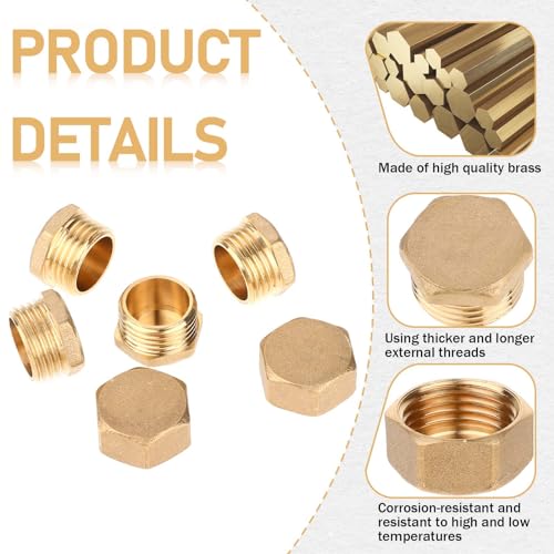 Jeffdad 8 Pc Brass Water Pipe Blanking Plugs - 1/2 Inch Male & Female Thread, Hexagonal, Sealing Cap with Rubber Seals - Image 2