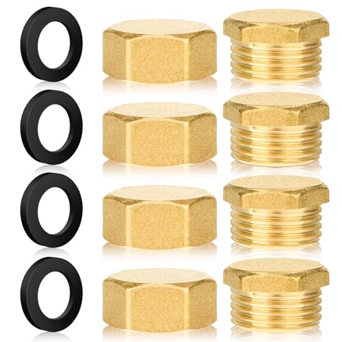 Jeffdad 8 Pc Brass Water Pipe Blanking Plugs - 1/2 Inch Male & Female Thread, Hexagonal, Sealing Cap with Rubber Seals - Image 1