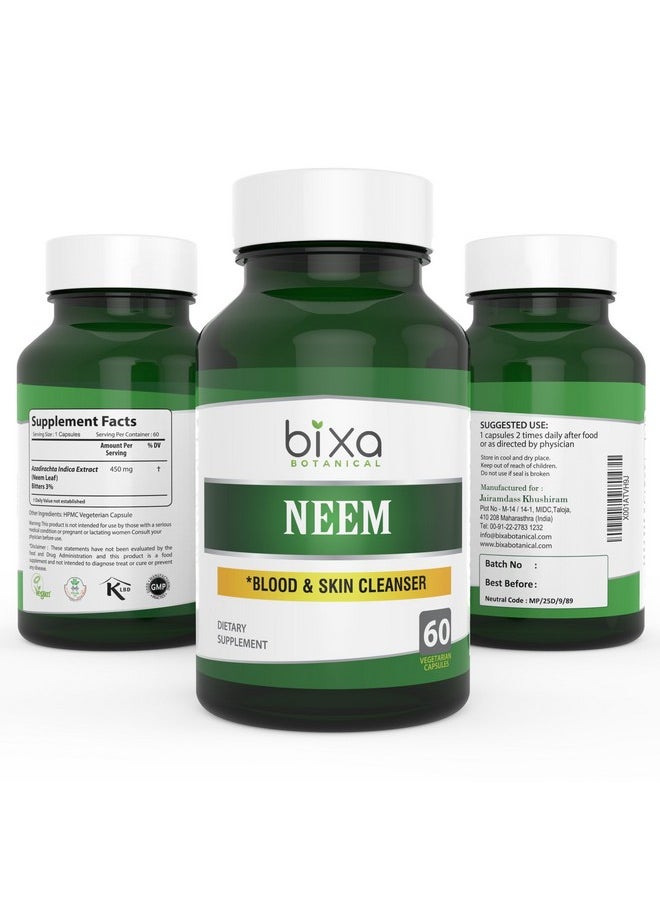 bixa BOTANICAL - Neem Leaf Extract 3% Bitters Veg Capsules 60 Count (450Mg) Ayurvedic Herb For Skin Cleanser Herbal Supplement For Blood Purification & Immunity - Image 1