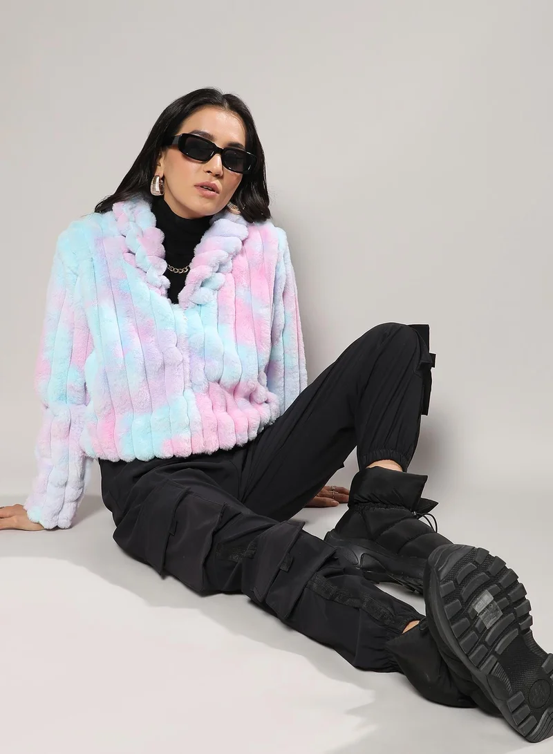 Campus Sutra Women's Powder Blue & Blush Pink Bubblegum Ripple Faux Fur Jacket