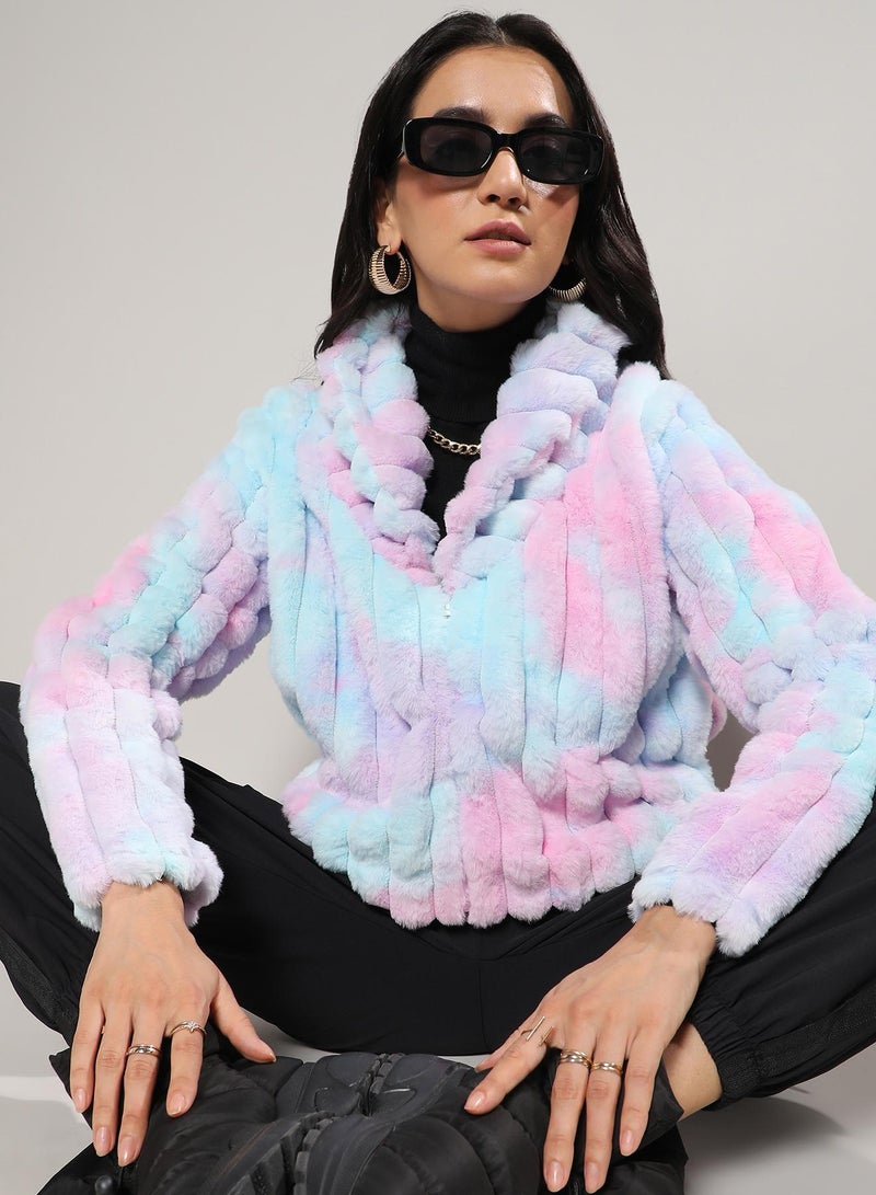 Campus Sutra Women's Powder Blue & Blush Pink Bubblegum Ripple Faux Fur Jacket  - Image 1