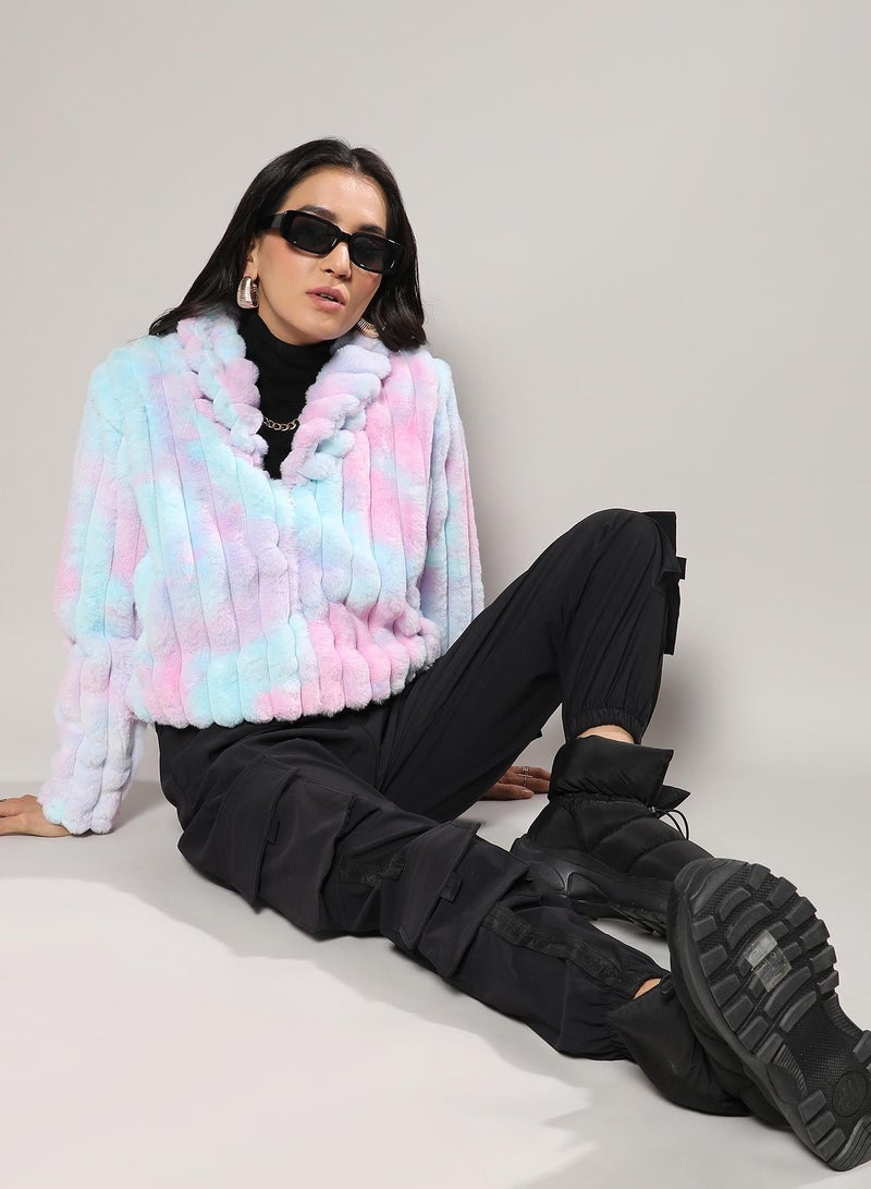 Campus Sutra Women's Powder Blue & Blush Pink Bubblegum Ripple Faux Fur Jacket  - Image 5