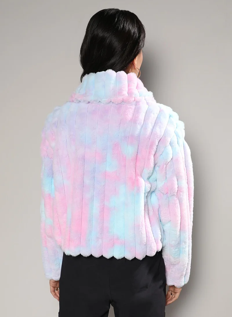 Campus Sutra Women's Powder Blue & Blush Pink Bubblegum Ripple Faux Fur Jacket