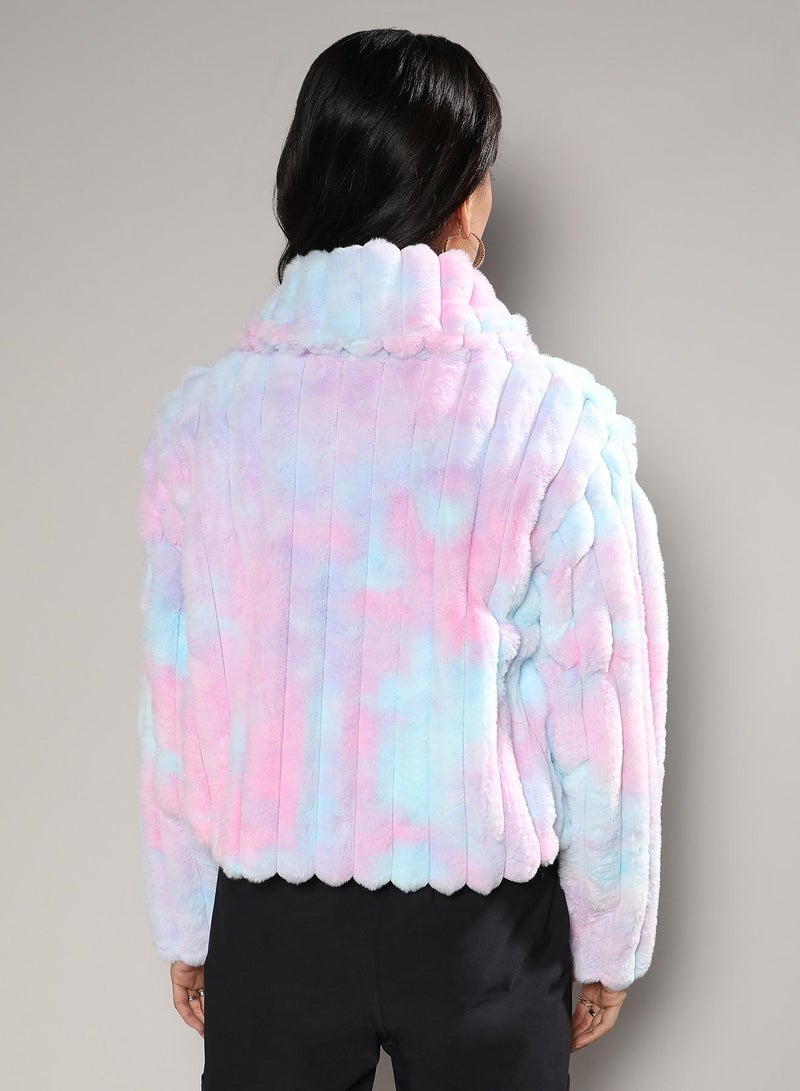Campus Sutra Women's Powder Blue & Blush Pink Bubblegum Ripple Faux Fur Jacket  - Image 3