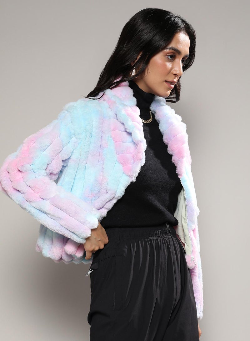 Campus Sutra Women's Powder Blue & Blush Pink Bubblegum Ripple Faux Fur Jacket  - Image 2