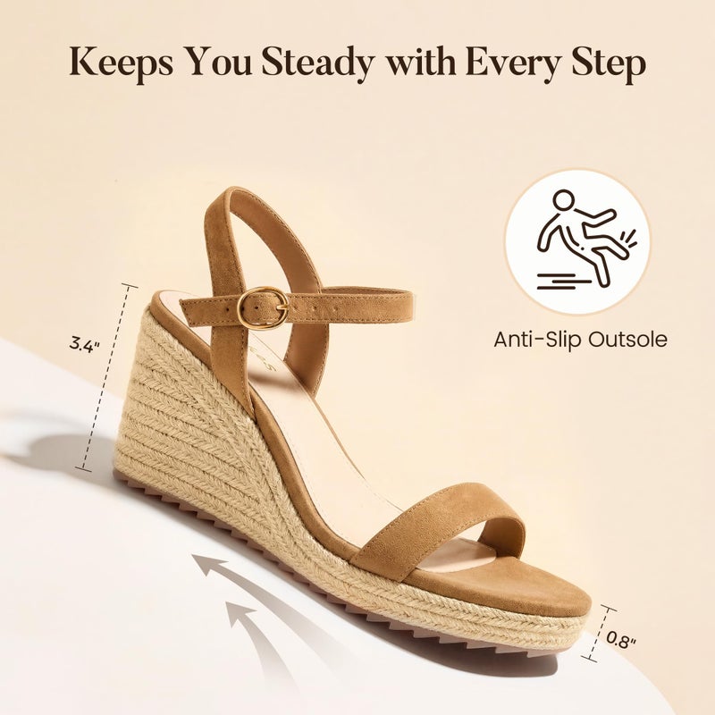 Ankis Platform Wedge Sandals for Women, Brown Espadrille Womens Wedge Sandals Comfortable Open Toe Ankle Strap High Heel Wedges for Women Dressy Summer -3.4Inch - Image 4